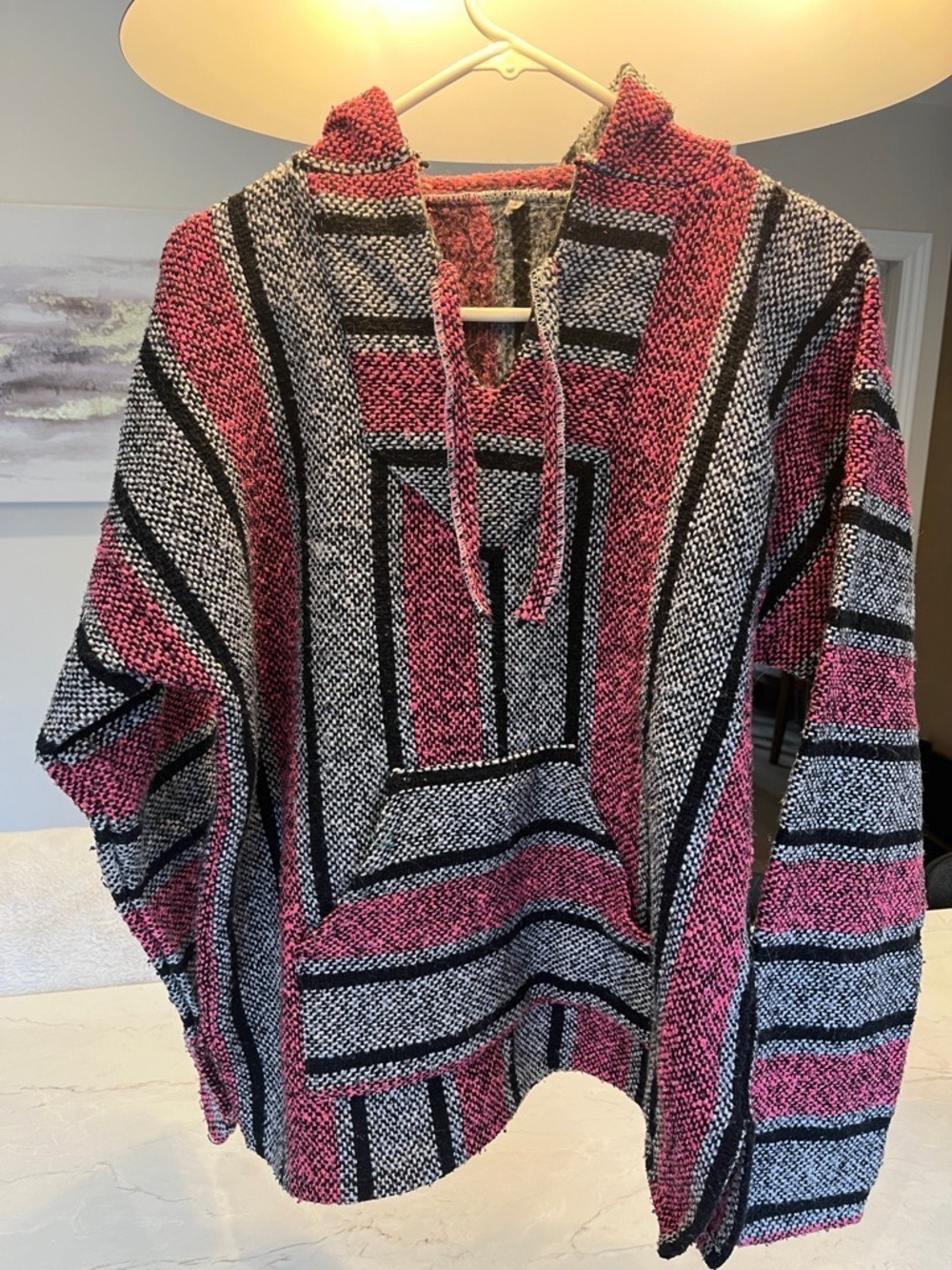Striped Hooded Poncho Sweater in Pink, Black & White